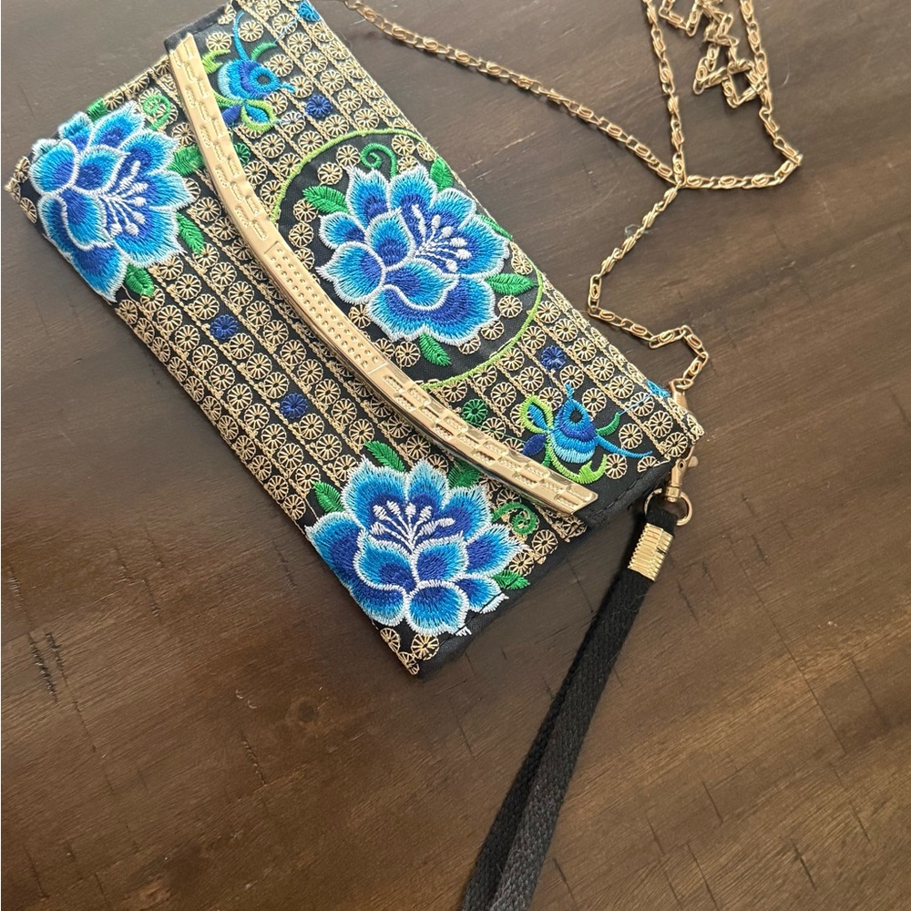Embroidered Floral Clutch with Chain Strap